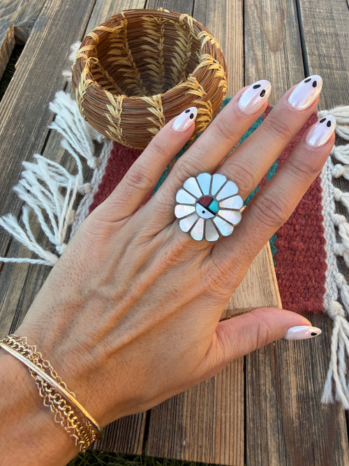 Old Pawn Handcrafted Multi Stone & Sterling Silver Sun Face Ring Size 4.5