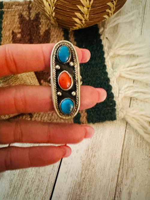 Old Pawn Turquoise, Coral and Sterling Silver Ring Size 8