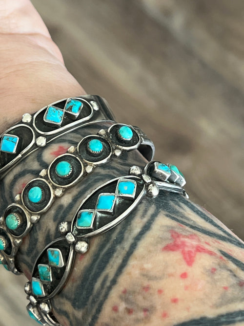 Vintage Zuni Sterling Silver and Four Diamond Turquoise Panel Stacker Cuff Bracelet