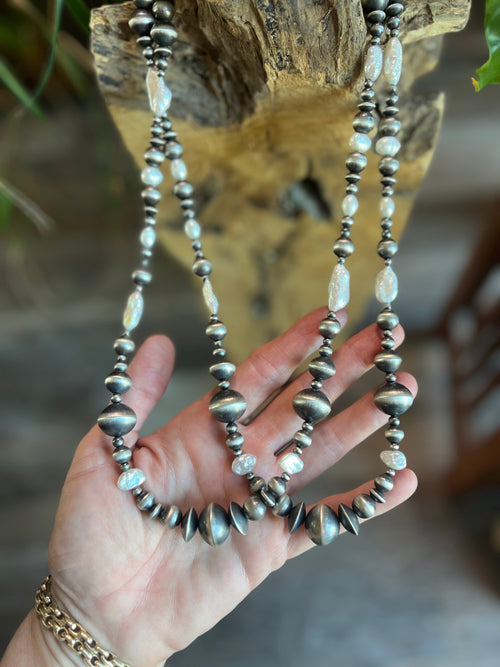Navajo Sterling Silver and Freshwater Pearl Handmade Beaded Necklace by Rose Martin, 26 Inches