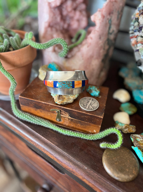 Old Pawn Sterling Silver, Number 8 Turquoise, Lapis, Spiny Oyster and Coral Inlay Cuff Bracelet by Duane Maktima