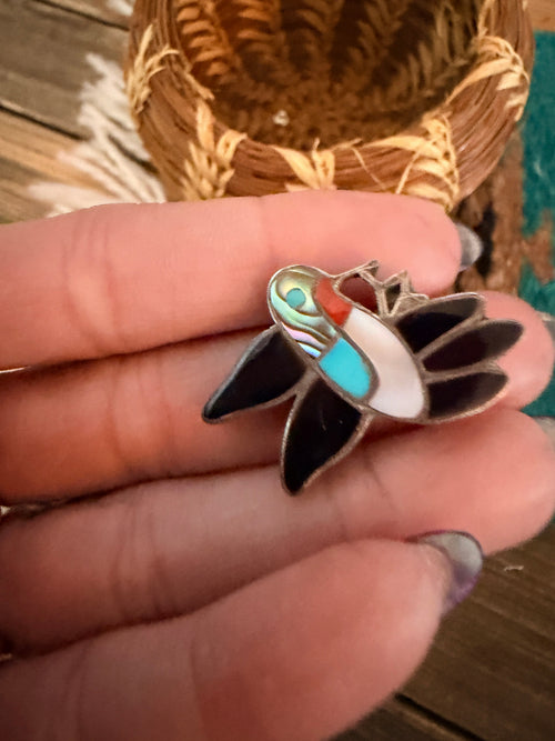 Old Pawn Handcrafted Multi Stone & Sterling Silver Inlay Hummingbird Brooch