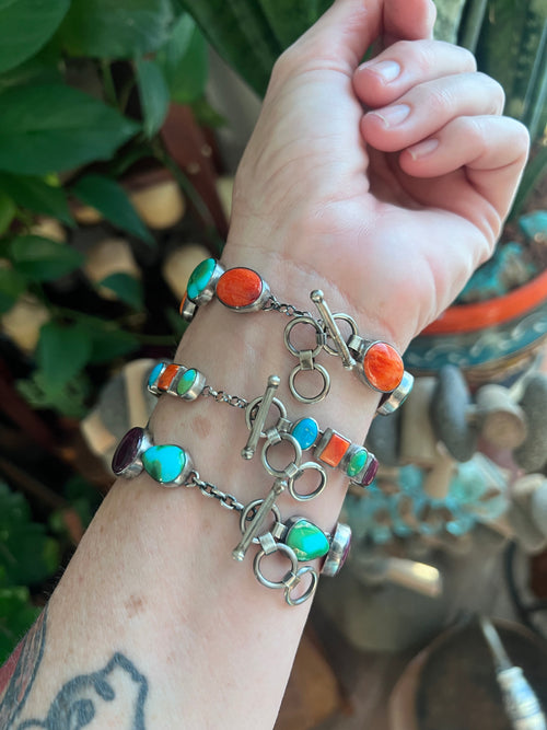 Sterling Silver Electric Rainbow Link Turquoise and Spiny Oyster Bracelet by Thomas Valencia, Mini Ovals & Rectangles