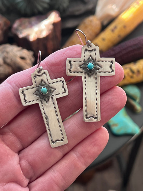 Hand Stamped Sterling Silver Cross Dangle Earrings with Turquoise by Kimari Somers