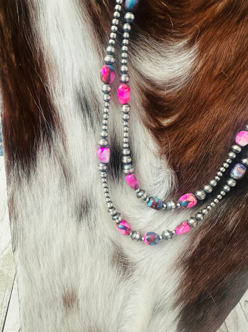 Navajo Sterling Silver & Pink Dream Mojave Beaded Necklace