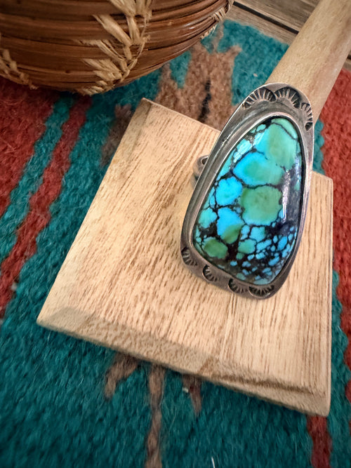Old Pawn Handcrafted Hubei Turquoise & Sterling Silver Ring Size 10.25