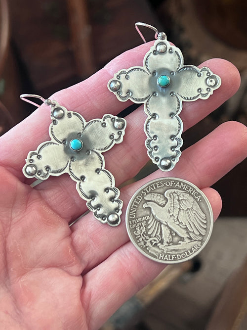 Hand Stamped Cloud Design Sterling Silver Cross Dangle Earrings with Kingman Turquoise by Kimari Somers