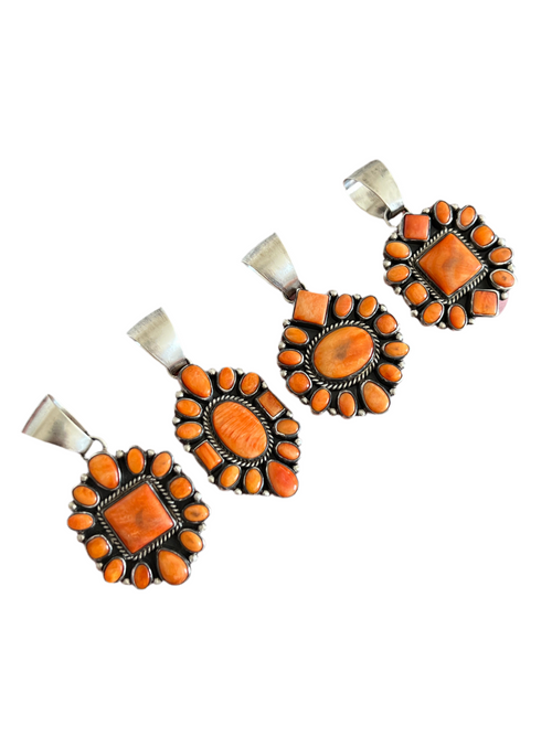 Handcrafted Sterling Silver and Burnt Spiny Oyster Shell Cluster Pendants by Loretta Delgarito