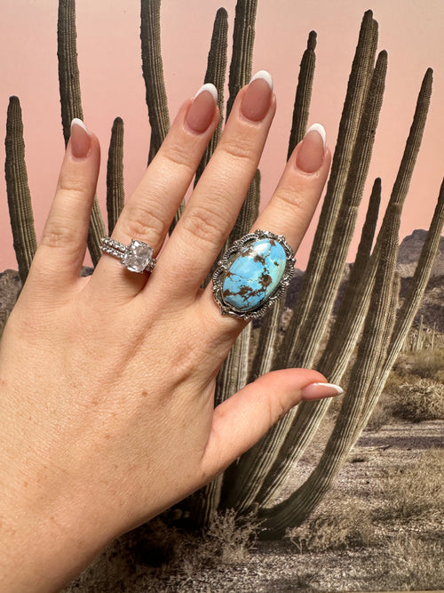 Beautiful Handmade Golden Hills Turquoise And Sterling Silver Adjustable Single Stone STATEMENT Ring