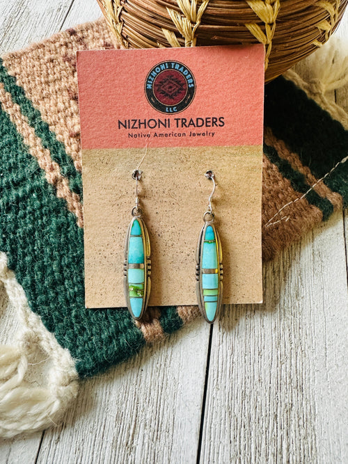 Navajo Sonoran Mountain Turquoise And Sterling Silver Inlay Dangle Earrings