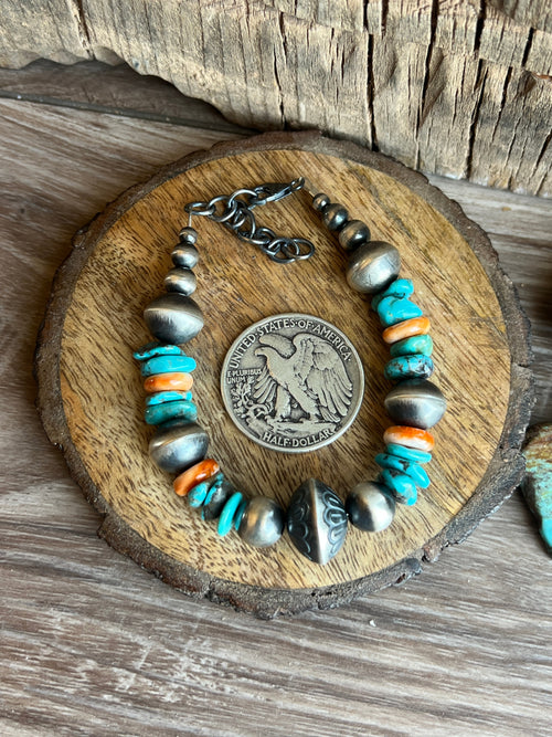 Navajo Made Chunky Sterling Silver, Turquoise and Spiny Oyster Shell Beaded Bracelet, Adjustable