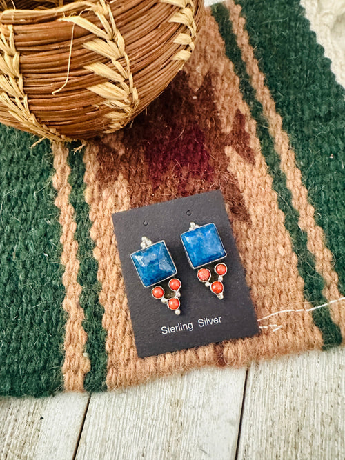Old Pawn Navajo Sterling Silver, Lapis & Coral Dangle Earrings