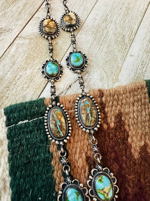 Navajo Sterling Silver, Ribbon and Sonoran Turquoise Necklace and Earring Set by Diane Wylie