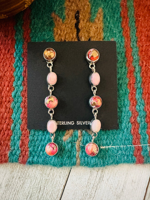 Navajo Sterling Silver, Queen Pink Conch & Pink Mojave Dangle Earrings