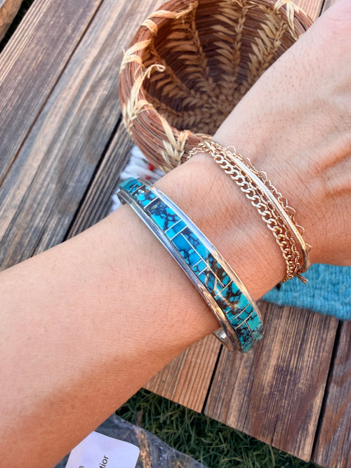 Handcrafted Old Pawn Sterling Silver & Turquoise Inlay Cuff Bracelet