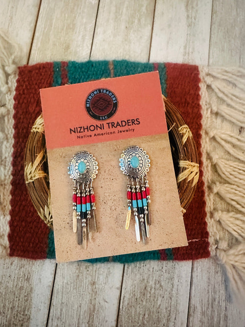 Handcrafted Old Pawn Sterling Silver & Multi Stone Beaded Dream Catcher Dangle Earrings