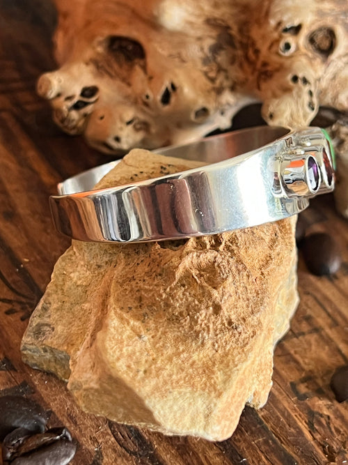 Navajo Made Sterling Silver Gems & Jewels Stacker Cuff Bracelet by Lucy Jake, Wider