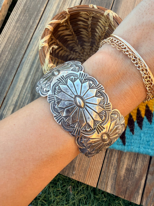 Handcrafted Old Pawn Sterling Silver Concho Cuff Bracelet