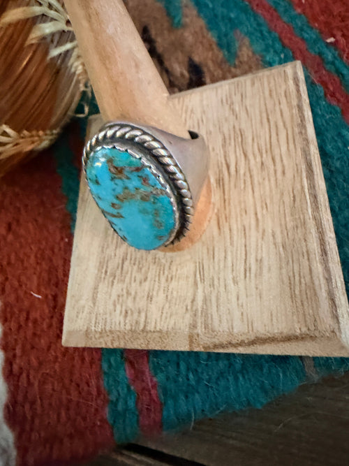 Old Pawn Handcrafted Turquoise & Sterling Silver Cigar Band Ring Size 10