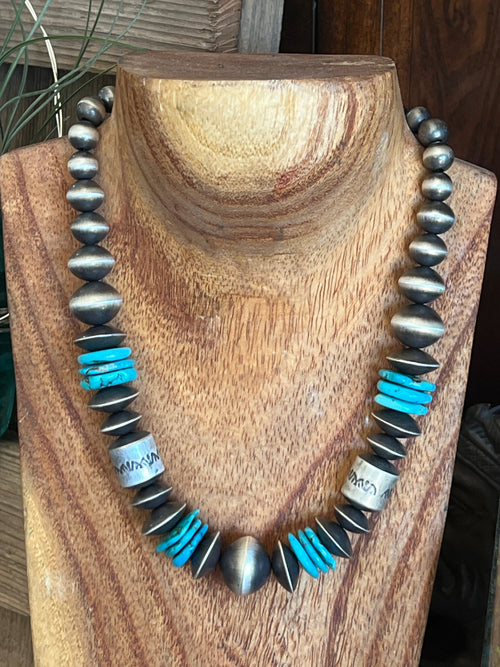 Navajo Sterling Silver and Kingman Turquoise Handmade Beaded Necklace by Rose Martin, 18 Inches