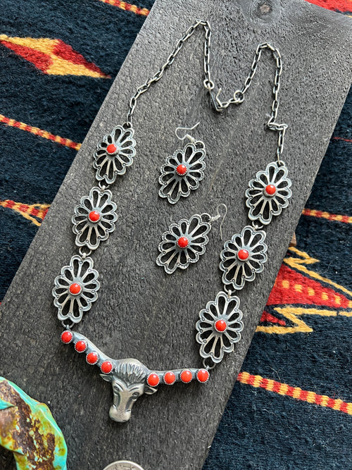 Handcrafted Sterling Silver and Mediterranean Coral Steer Head Concho Necklace & Earrings by Kevin Billah