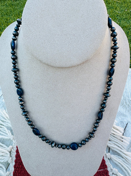 Sterling Silver Pearl & Lapis 18” Beaded Necklace