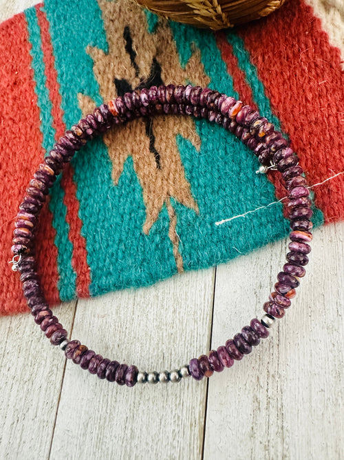 Navajo Purple Spiny & Sterling Silver Beaded Wrap Choker Necklace