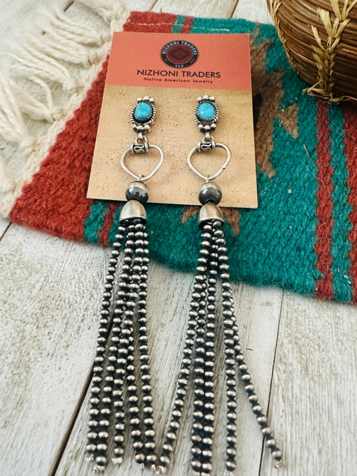 Navajo Turquoise & Sterling Silver Pearl Beaded Tassel Dangle Earrings
