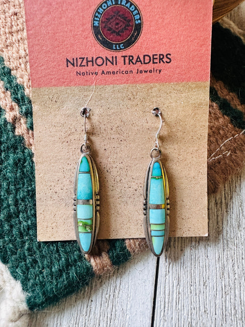 Navajo Sonoran Mountain Turquoise And Sterling Silver Inlay Dangle Earrings