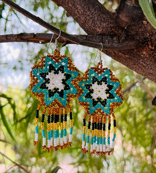 Handmade MultiColor Beaded Dangle Earrings (Gold & Turquoise)