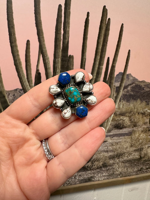 Beautiful Handmade Sonoran Mountain Turquoise, Wild Horse, Lapis And Sterling Silver Adjustable Ring