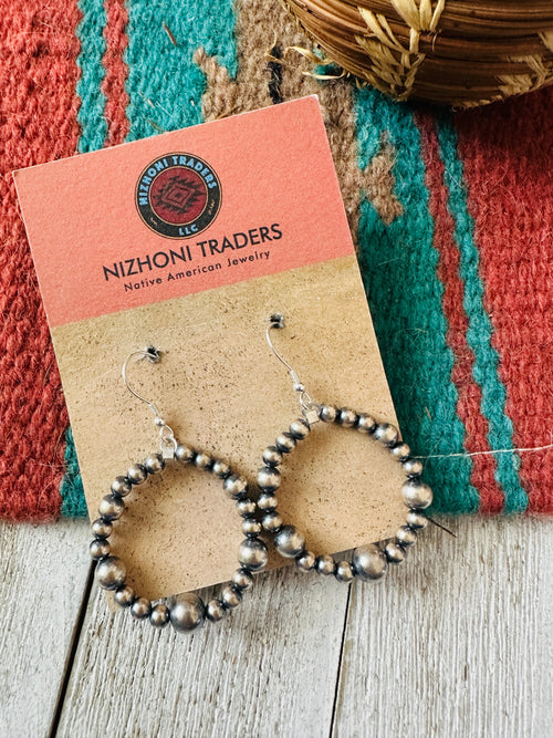 Navajo Sterling Silver Pearl Beaded Dangle Hoop Earrings