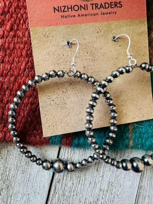 Navajo Sterling Silver Pearl Beaded Dangle Hoop Earrings