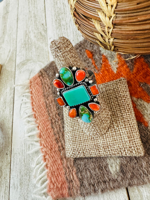 Handcrafted Sterling Silver, Turquoise & Spiny Oyster Ring by Bernyse Chavez and Angela Martin, Size 8