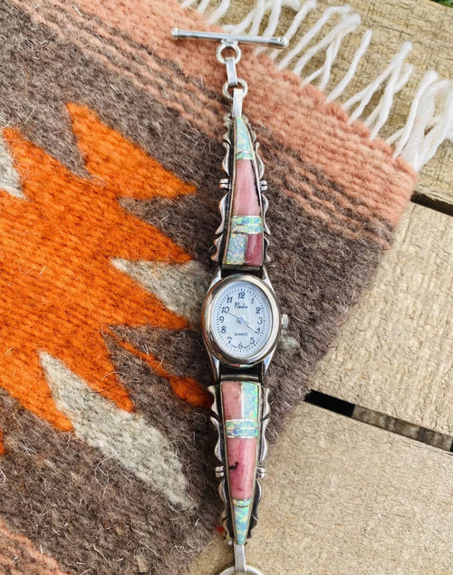 Old Pawn Vintage Navajo Pink Coral, Opal & Sterling Silver Inlay Watch