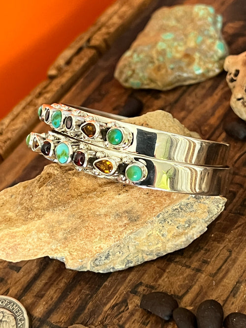 Navajo Made Sterling Silver Gems & Jewels Stacker Cuffs Bracelet by Lucy Jake, Narrow
