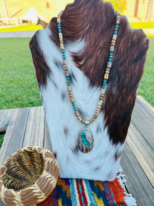 Old Pawn Handcrafted Turquoise, Jasper & Sterling Silver Beaded 16” Necklace