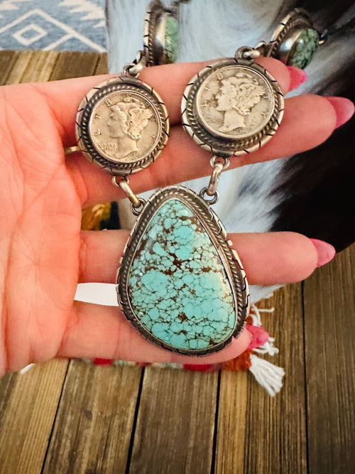 Handcrafted Turquoise & Sterling Silver Liberty Dime Beaded Necklace and Earrings Set