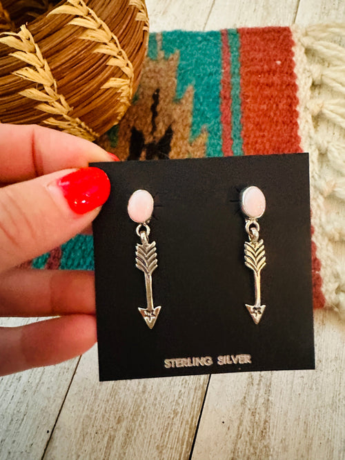 Navajo Queen Pink Conch & Sterling Silver Arrow Dangle Earrings