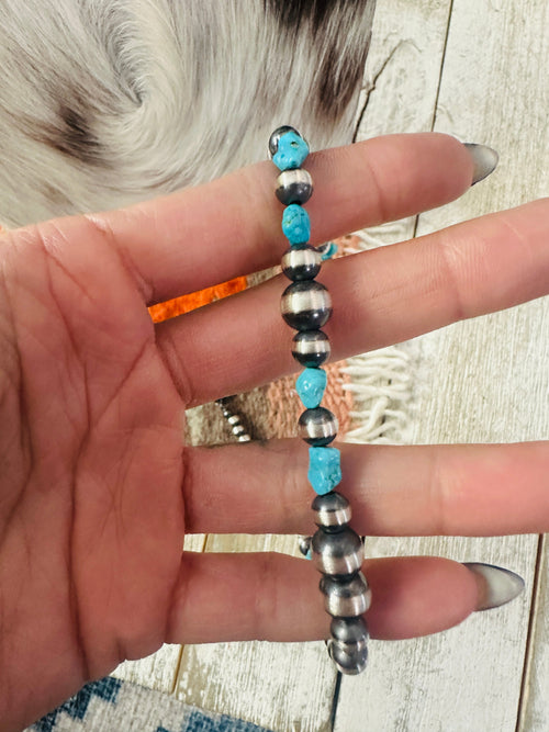 Navajo Turquoise & Sterling Silver Pearl 14” Beaded Necklace