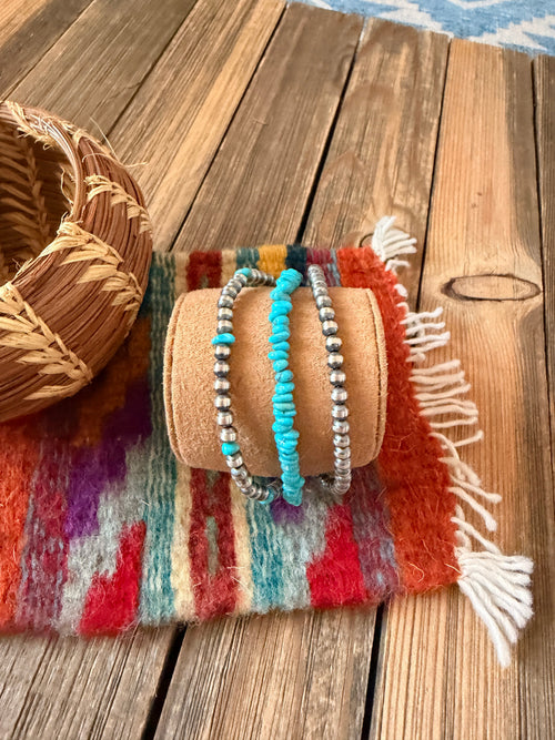 Handcrafted Turquoise & Sterling Silver Triple Strand Beaded Bracelet