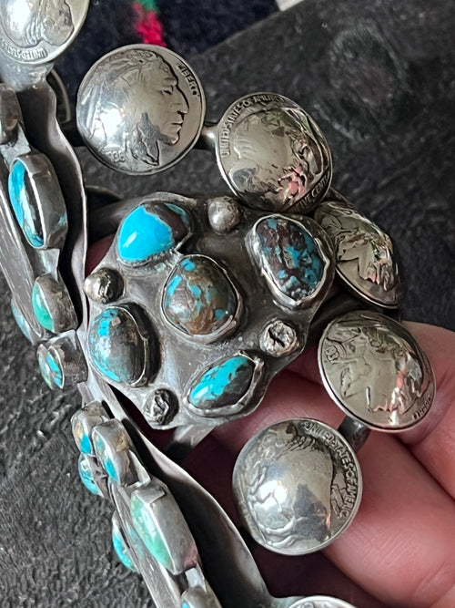 Insane Old Pawn Sterling Silver, Morgan Dollar, Buffalo Nickel and Turquoise Cuff Bracelet by Eric Drake