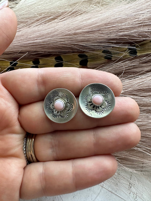 Navajo Sterling Silver & Pink Conch Post Earrings Signed B Shorty