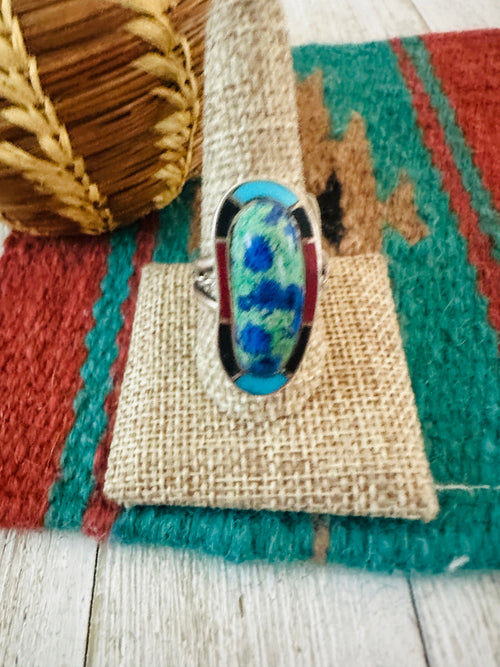 Old Pawn Navajo Sterling Silver & Multi Stone Inlay Ring Size 10