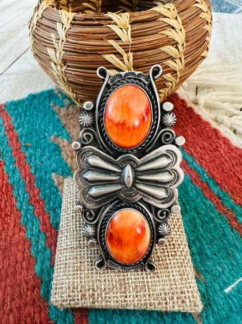 Apache Orange Spiny Oyster & Sterling Silver Ring by Rosella Paxson, Size 9