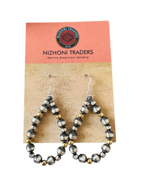 Navajo Gold & Sterling Silver Pearl Beaded Dangle Hoop Earrings
