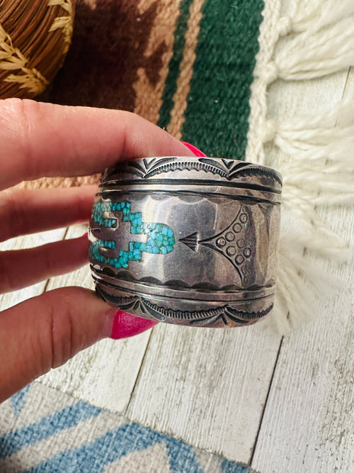 Old Pawn Navajo Coral, Turquoise & Sterling Silver Chip Inlay Cuff Bracelet