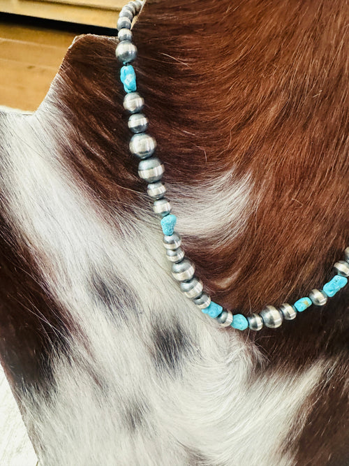Navajo Turquoise & Sterling Silver Pearl 14” Beaded Necklace