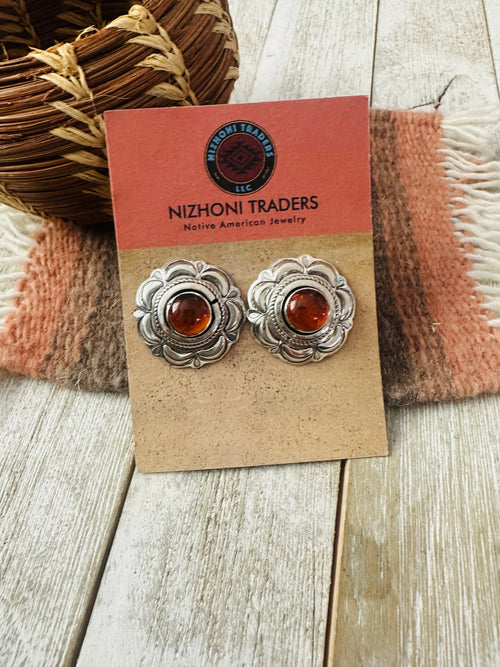 Old Pawn Navajo Sterling Silver & Amber Flower Post Earrings