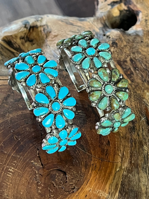 Old Pawn Navajo Sterling Silver and Mixed Turquoise Daisy Cluster Cuff Bracelet, Signed MA